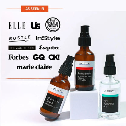 Face Serum Set YEOUTH day and night serum set Vitamin C &amp; E, Retinol, and Pure Hyaluronic Acid—displayed including ELLE, InStyle, Forbes.