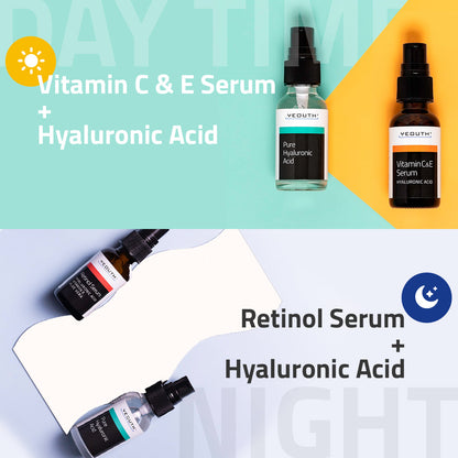 YEOUTH face serum gift set Vitamin C&amp;E Serum, Hyaluronic Acid shown for daytime use, and Retinol Serum for nighttime use.
