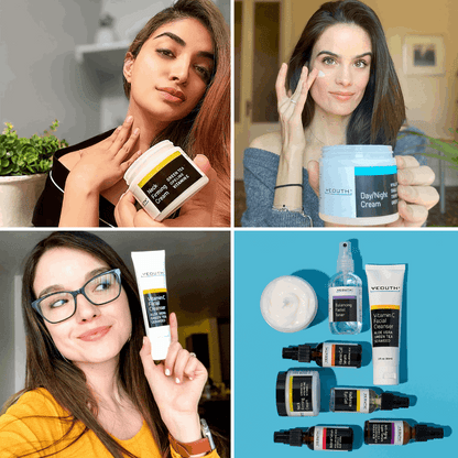 Collage of women holding YEOUTH facial gift set, including Neck Cream, Day Night Cream, and Vitamin C Cleanser.