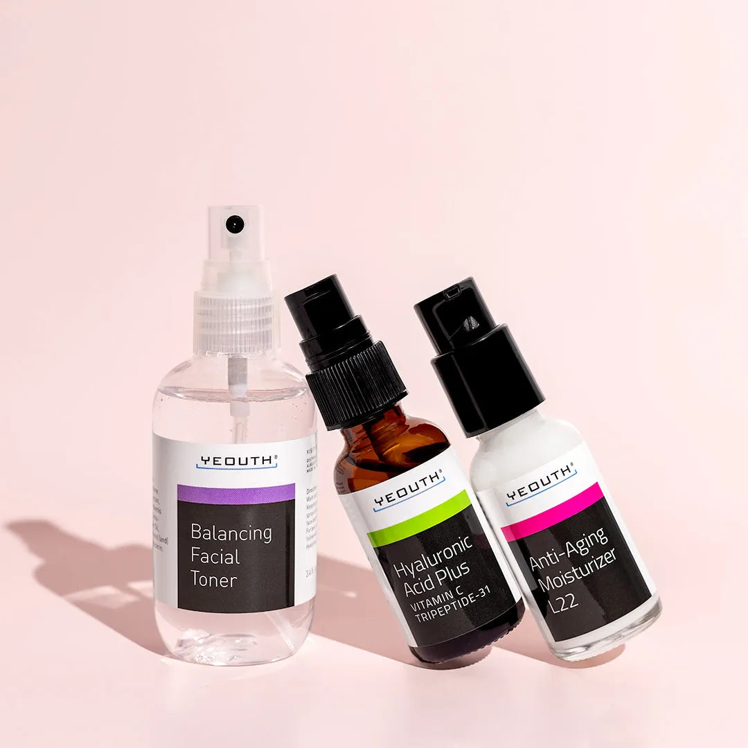 YEOUTH skincare set  Facial Toner, Hyaluronic Acid Serum, and Anti-Aging Moisturizer displayed on a light pink background.