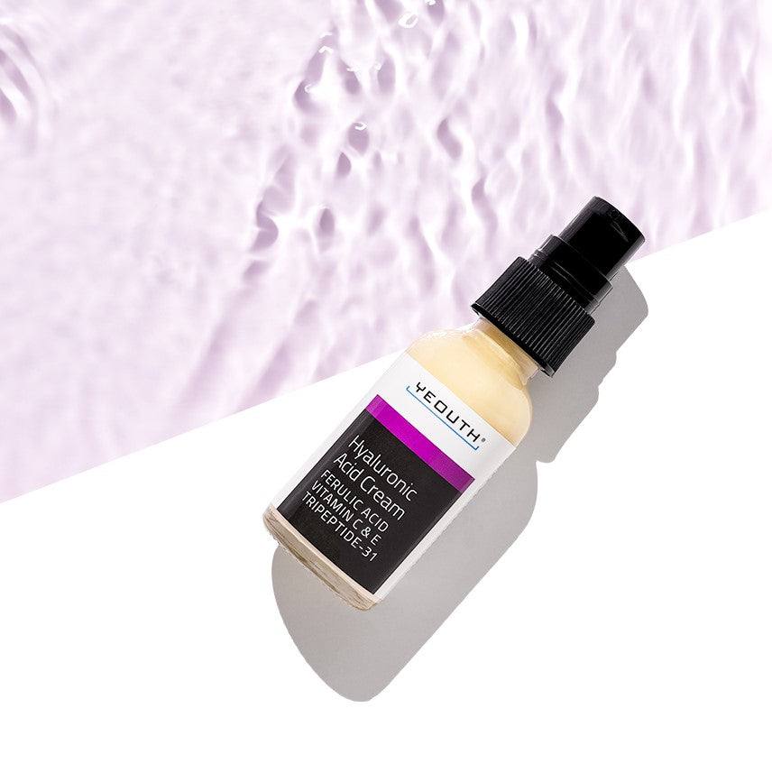 YEOUTH Hyaluronic Acid Cream bottle on soft lavender background, featuring Vitamin C, Ferulic Acid, and Tripeptide-31.