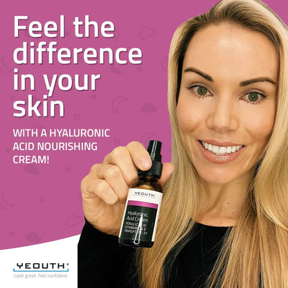 Hyaluronic Acid Cream 1 oz YEOUTH Hyaluronic Acid face cream for women with text promoting hydration and smoother-looking skin.
