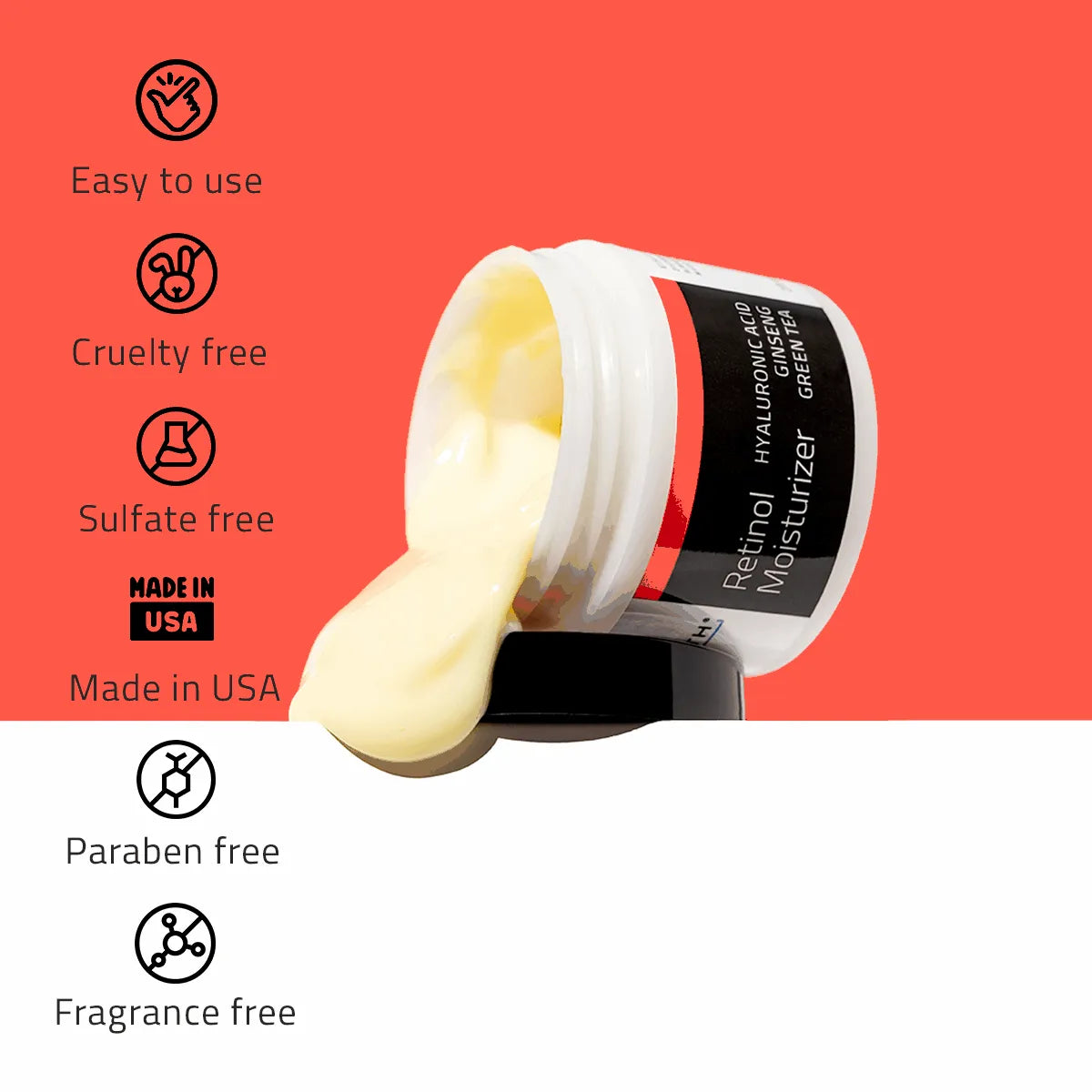 YEOUTH moisturizer for oily skin  highlighting that it is cruelty free, paraben free, and made in the USA.