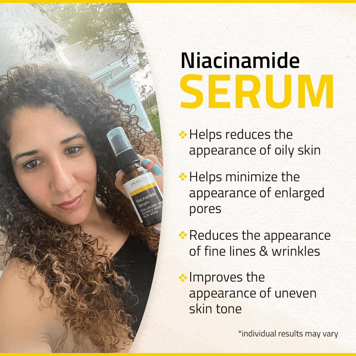 Woman holding YEOUTH Niacinamide brightening serum beside text listing benefits for oily skin, pores, and uneven tone.