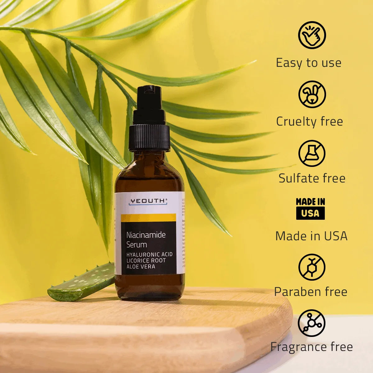Niacinamide Serum YEOUTH Niacinamide dark spot serum with aloe leaf and icons showing it’s cruelty free, sulfate free, and made in the USA.
