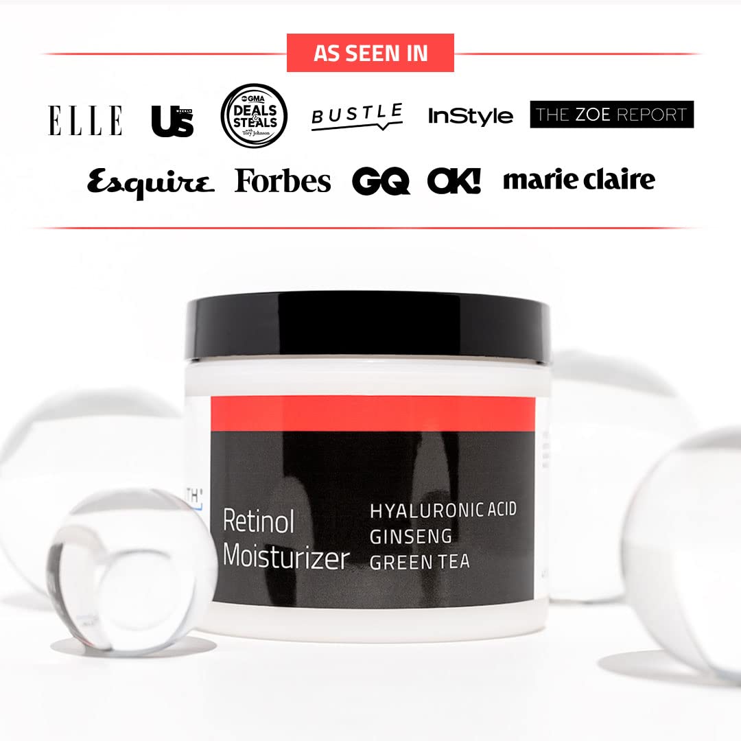 YEOUTH Retinol cream with Hyaluronic Acid, Ginseng, Green Tea, and media mentions like InStyle and Forbes.
