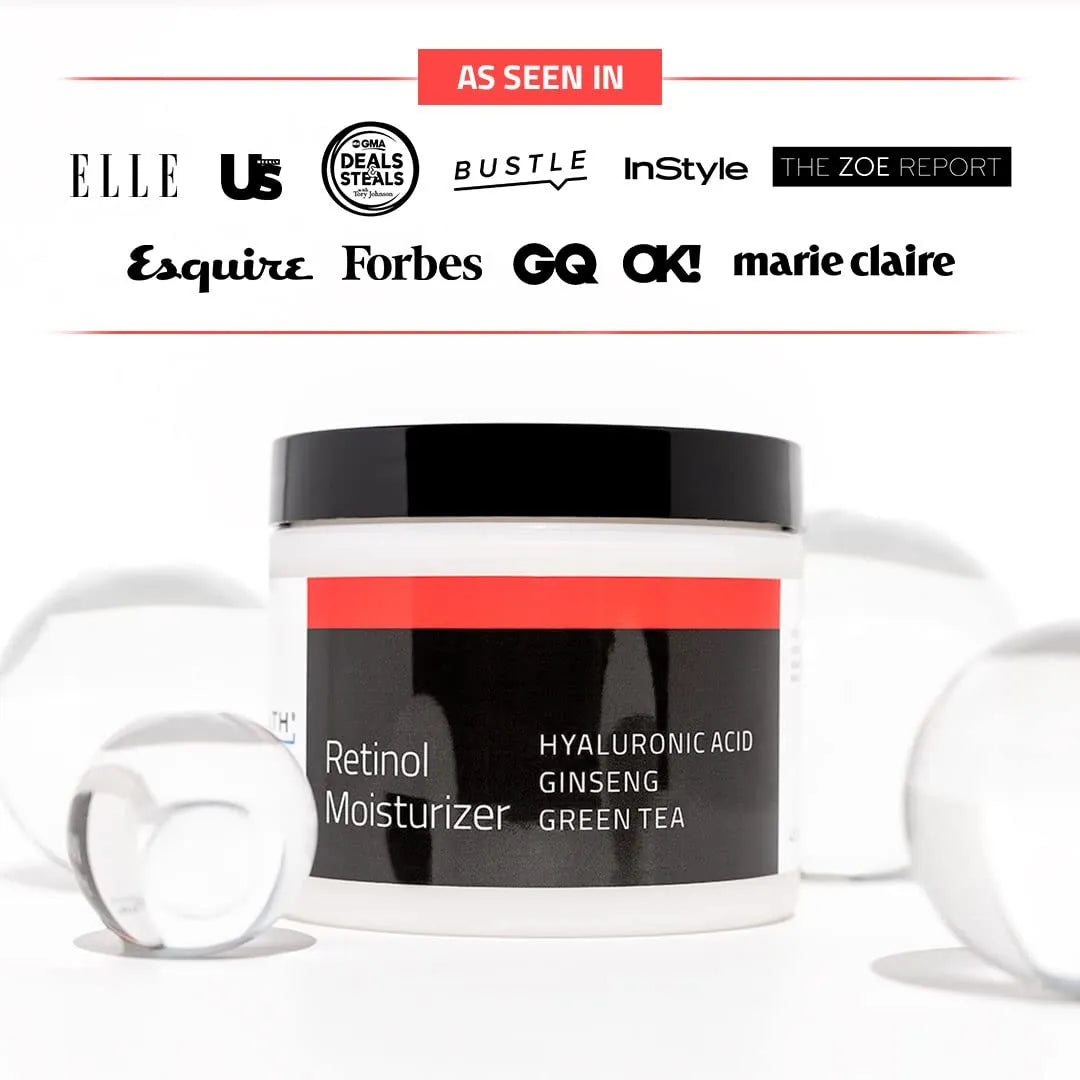 Retinol Moisturizer YEOUTH Retinol cream with Hyaluronic Acid, Ginseng, Green Tea, and media mentions like InStyle and Forbes.