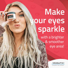 Woman holding YEOUTH Retinol Eye Cream near her eye with text promoting brighter, smoother looking under eye area.