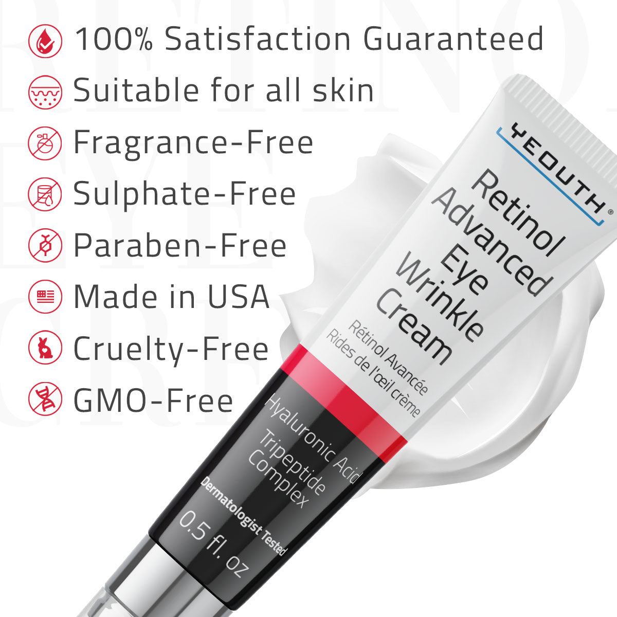 YEOUTH Retinol Eye Cream tube with hyaluronic acid and tripeptide complex, clean formula icons listed beside it.