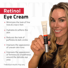 Retinol Eye Cream with Tripeptide Complex and Hyaluronic Acid 15ml Woman holding YEOUTH Retinol Eye Cream with benefits, including smoother look, hydration, and reduced visible puffiness.