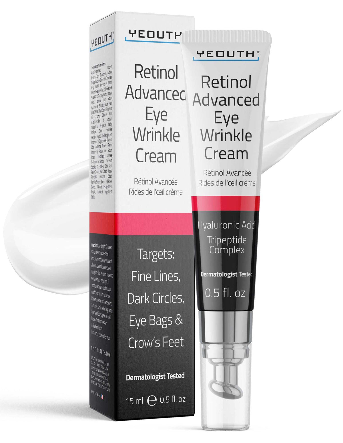 YEOUTH Retinol Eye Cream in white tube with silver cap, tripeptide complex and hyaluronic acid-15 ml.