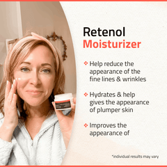 Woman applying YEOUTH Retinol face cream, showing product benefits like hydration and smoother-looking skin with disclaimer.
