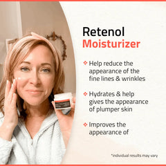 Retinol Moisturizer Woman applying YEOUTH Retinol face cream, showing product benefits like hydration and smoother-looking skin with disclaimer.