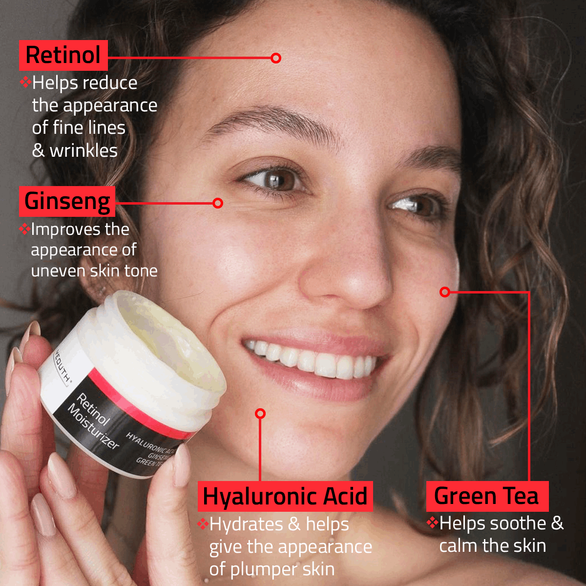 Smiling woman holding YEOUTH face moisturizer, showing key ingredients Retinol, Ginseng, Hyaluronic Acid, and Green Tea.