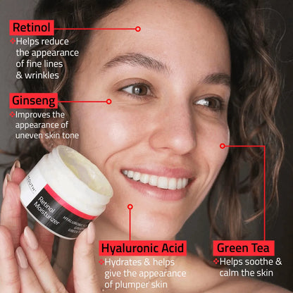 Retinol Moisturizer Smiling woman holding YEOUTH face moisturizer, showing key ingredients Retinol, Ginseng, Hyaluronic Acid, and Green Tea.