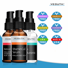 YEOUTH serum trio bottles shown with icons indicating they are fragrance free, cruelty free, sulfate free, made in the USA.