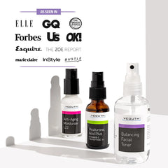 YEOUTH Skincare kit Moisturizer, Hyaluronic Acid Serum, and Facial Toner bottles displayed logos from InStyle and Forbes.