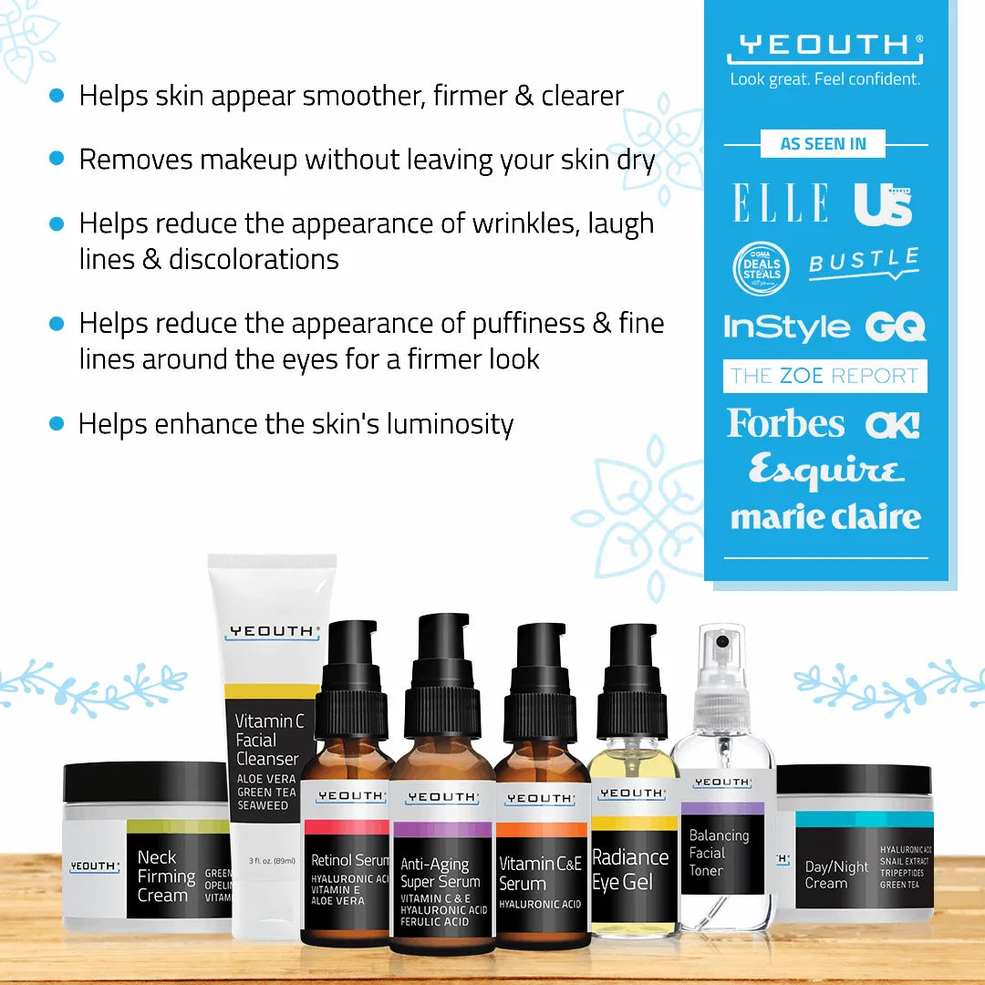 Complete Skincare Essentials Set (8 Pack) YEOUTH skincare set with benefits listed for smoother, firmer skin, alongside media logos like InStyle and Forbes.