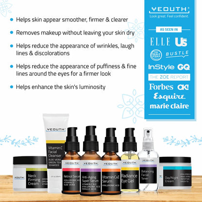 Complete Skincare Essentials Set (8 Pack) YEOUTH skincare set with benefits listed for smoother, firmer skin, alongside media logos like InStyle and Forbes.