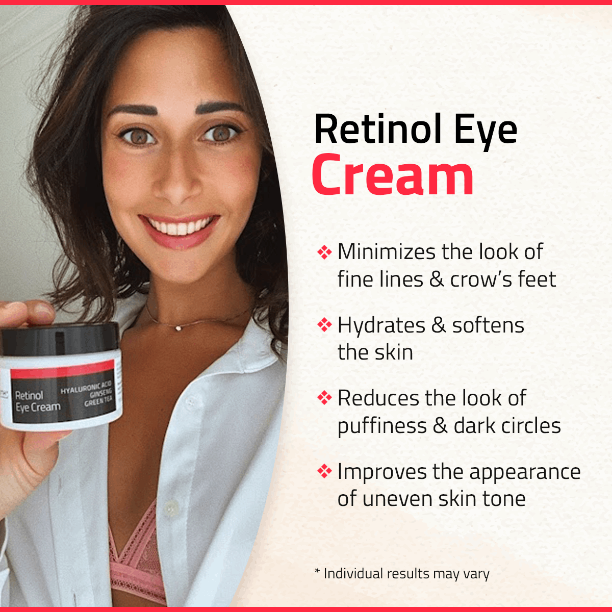 Woman holding YEOUTH under Eye Cream with benefits listed for smoother, hydrated, healthier-looking under eye area.