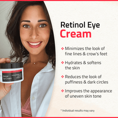 Woman holding YEOUTH under Eye Cream with benefits listed for smoother, hydrated, healthier-looking under eye area.