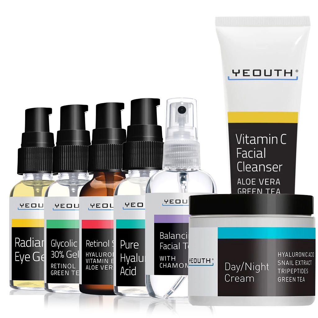 Advanced Revitalizing Essentials: Radiance Eye Gel 1 oz & Glycolic Acid Gel Peel 1 oz & Retinol Serum 1 oz & Balancing Facial Toner 3.4 oz & Day/Night Cream 4 oz & Vitamin C Facial Cleanser 3 oz Advanced Revitalizing Essentials: Radiance Eye Gel 1 oz & Glycolic Acid Gel Peel 1 oz & Retinol Serum 1 oz & Balancing Facial Toner 3.4 oz & Day/Night Cream 4 oz & Vitamin C Facial Cleanser 3 oz
