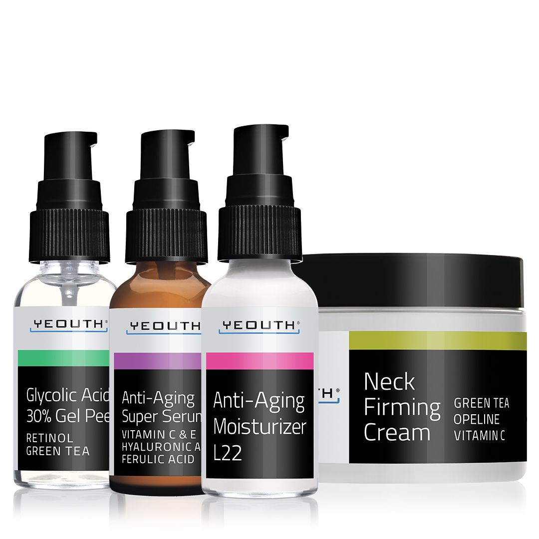 Rejuvenating Skincare Bundle: Glycolic Acid 30& Gel Peel 1 oz & Anti-Aging Super Serum 1 oz & Anti-Aging Moisturizer L22 1 oz & Neck Firming Cream 2 oz