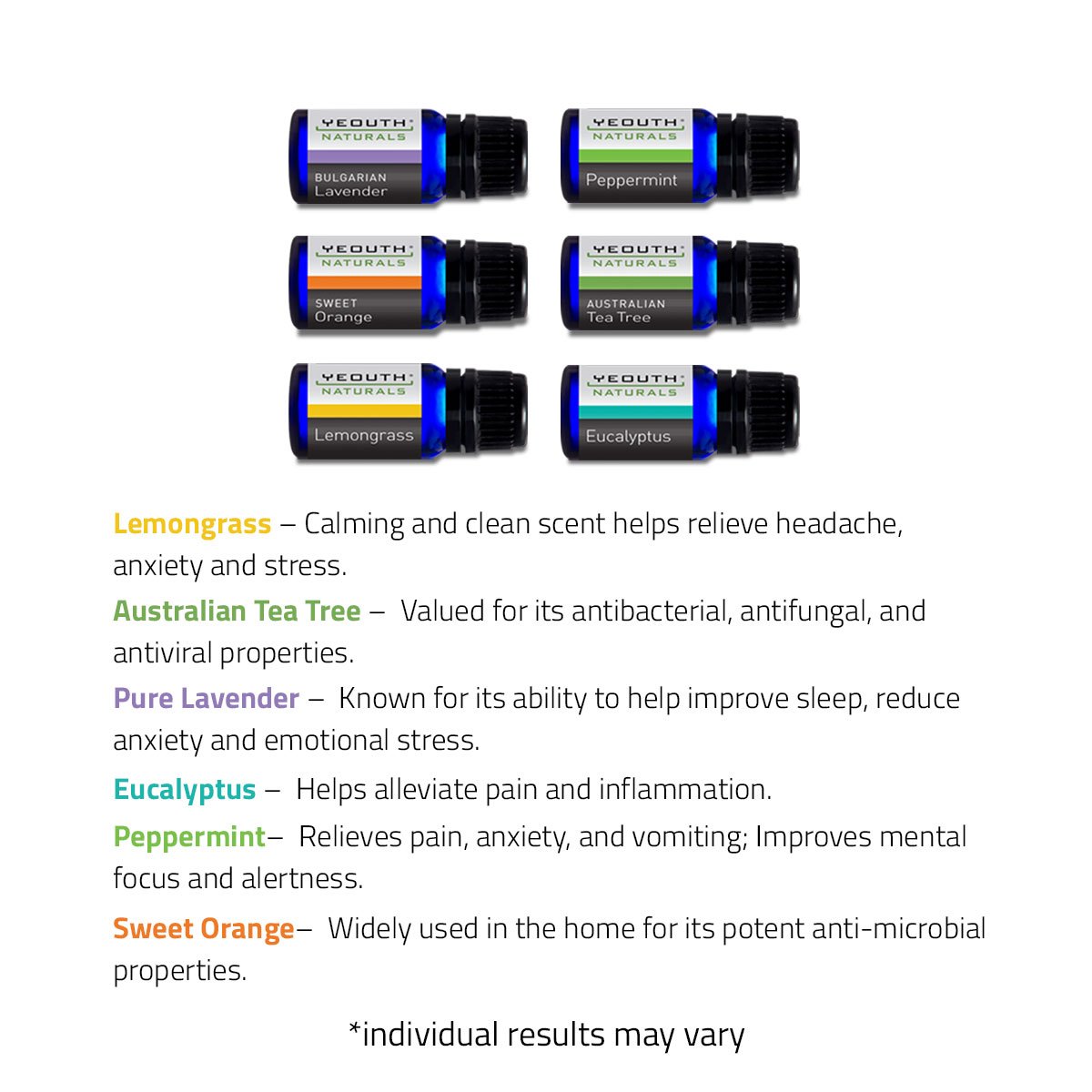 Pure Essential Oils | Aromatherapy Set of 6: Peppermint Oil, Australian Tea Tree Oil, Eucalyptus Oil, Lavender Oil, Sweet Orange Oil, Lemongrass Oil Pure Essential Oils | Aromatherapy Set of 6: Peppermint Oil, Australian Tea Tree Oil, Eucalyptus Oil, Lavender Oil, Sweet Orange Oil, Lemongrass Oil